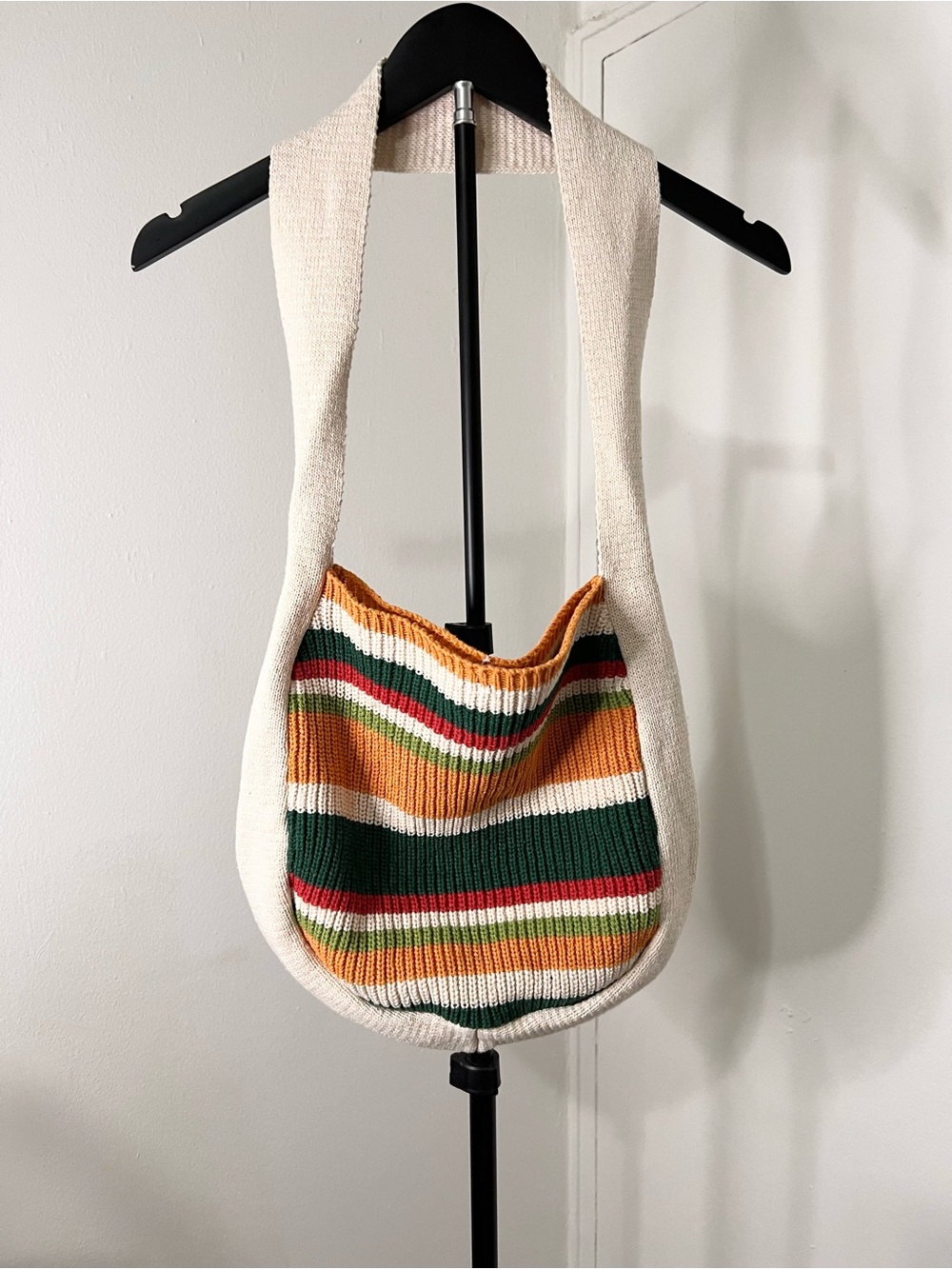Cream Knit Shoulder Bag with Multicolor Stripes